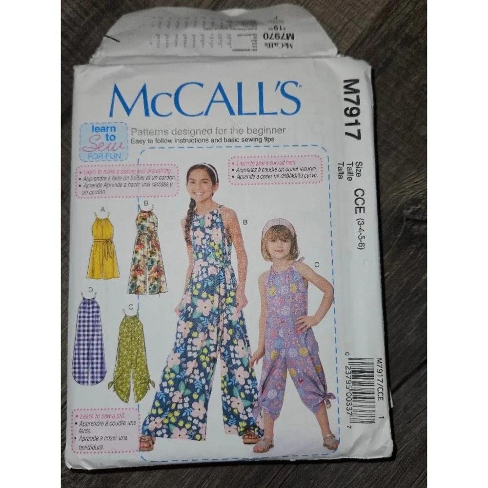 McCall's M7917 Girls Jumpsuit Romper Sewing Pattern Size 3-4-5-6 Learn to Sew